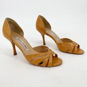 Manolo Blahnik Vintage Camel Tan Criss Cross D'Orsay Peep Toe Pump Heel IT 36